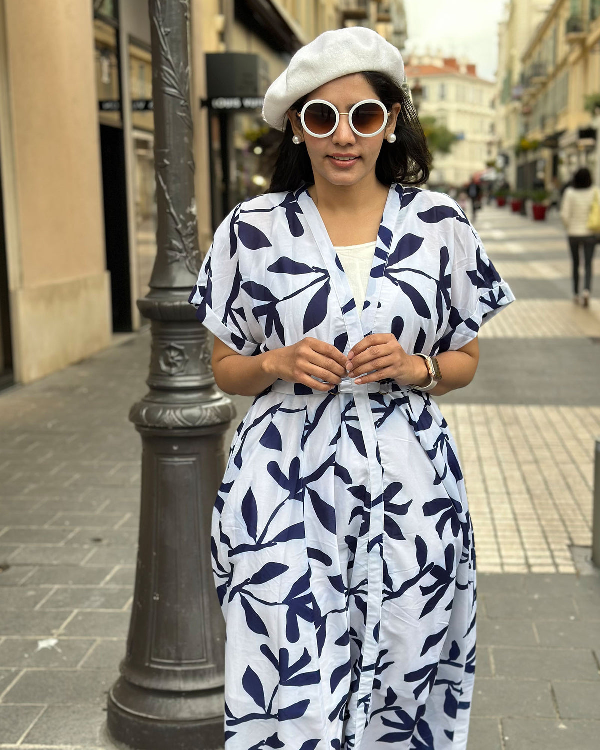 WHITE & NAVY SPADE MUSLIN GOWN