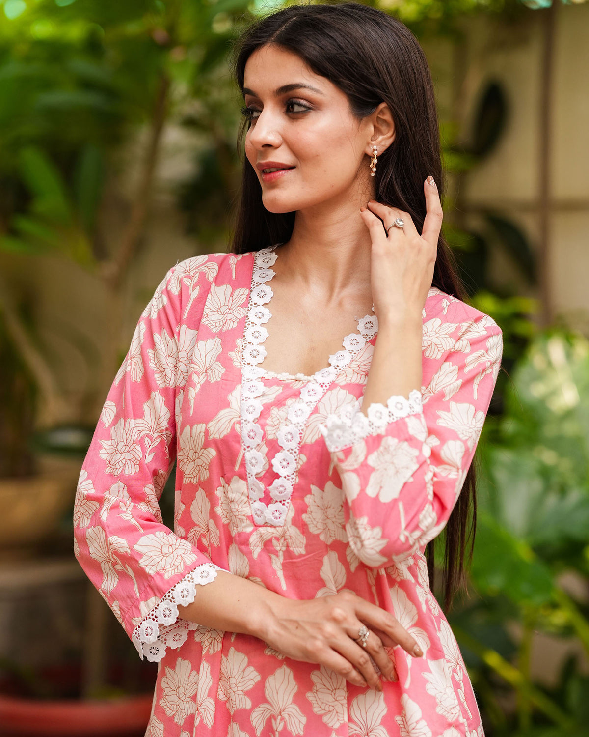 PRETTY PINK COTTON KURTA WITH LACE