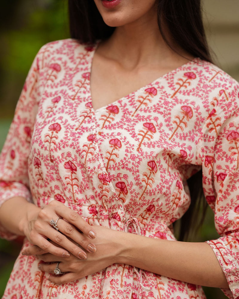 RED & CREAM VOIL SHORT COTTON KURTI