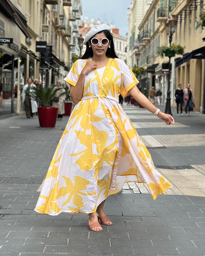 YELLOW & WHITE SUMMERY MUSLIN GOWN