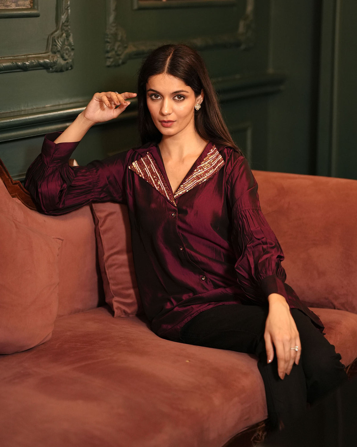 MAROON SATIN TOP WITH HANDWORK