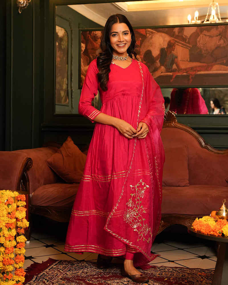 PINK PERFECT SHANTUNG ANARKALI SUIT SET