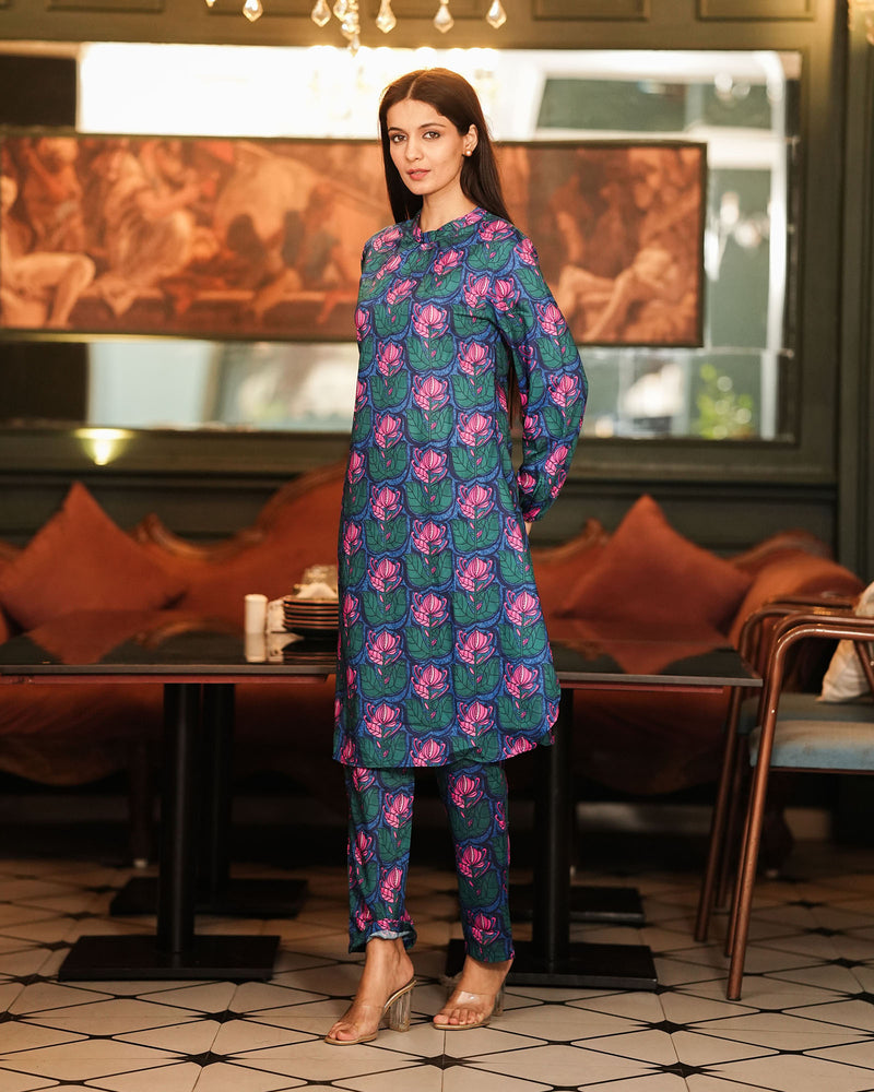 RAMA GREEN & PINK LOTUS PRINT SATIN CO-ORD SET