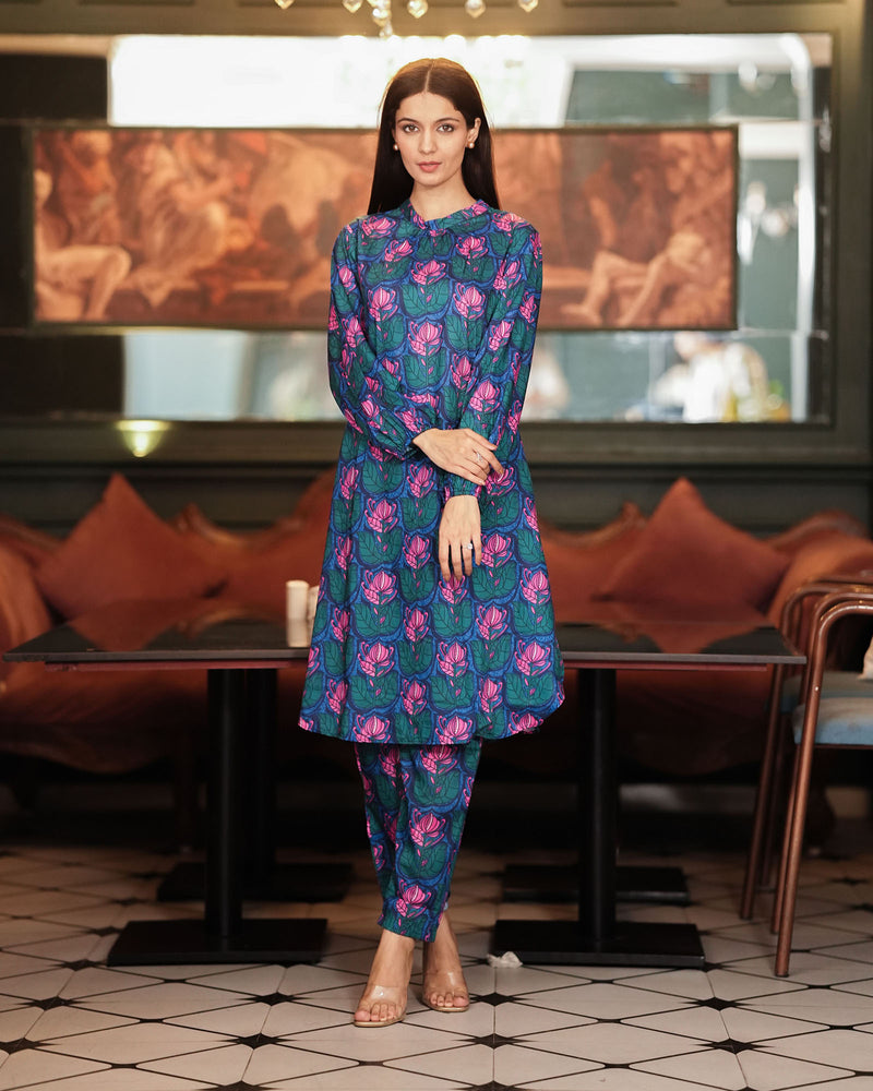 RAMA GREEN & PINK LOTUS PRINT SATIN CO-ORD SET