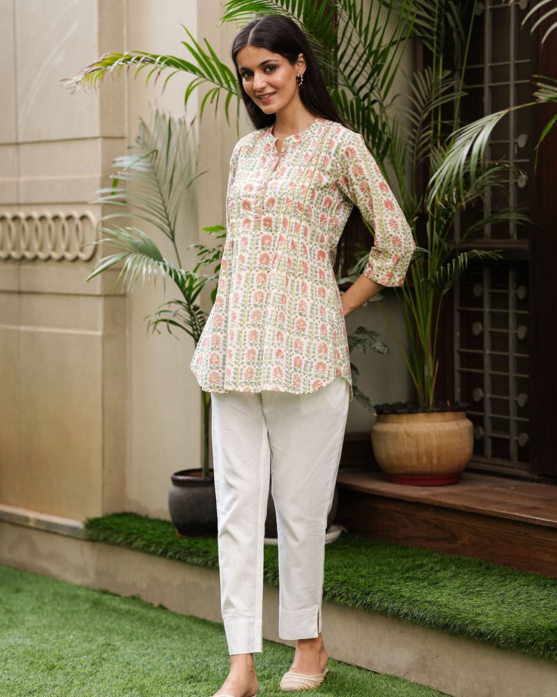 WHITE CREAM SHORT COTTON HANDBLOCK KURTI