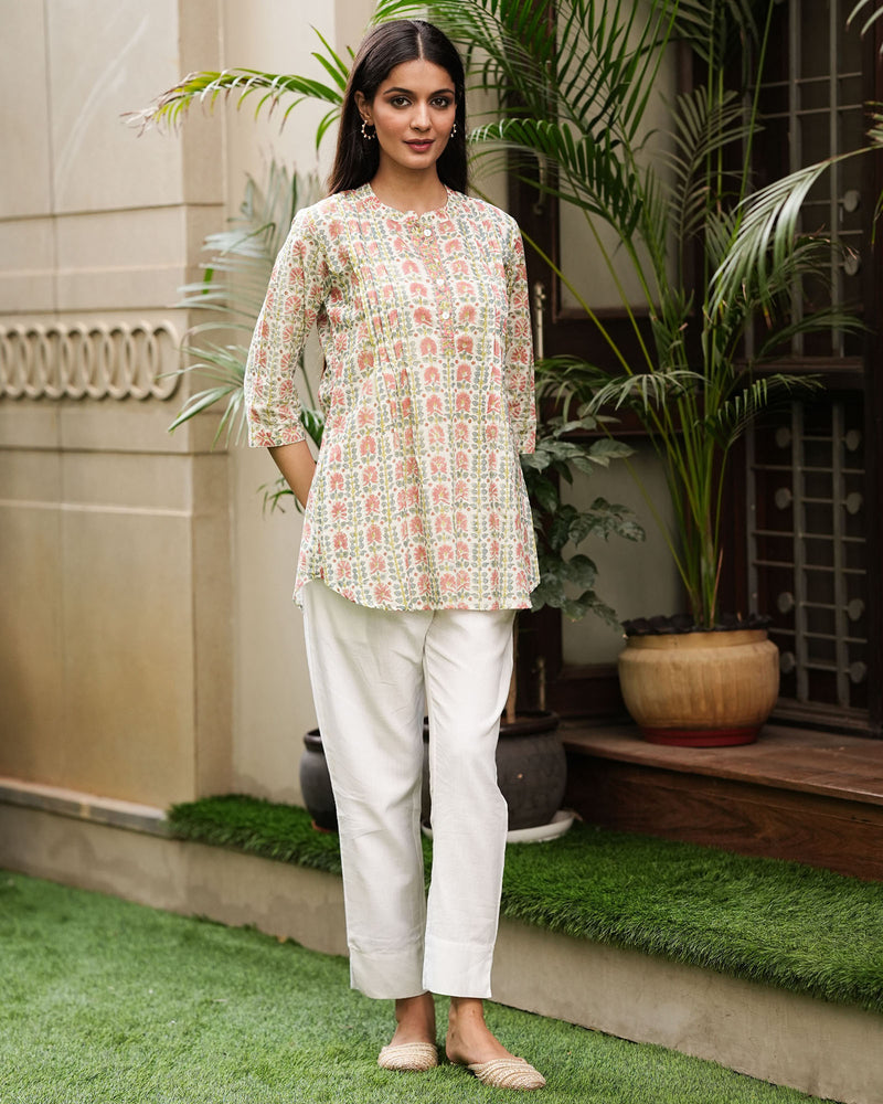 WHITE CREAM SHORT COTTON HANDBLOCK KURTI