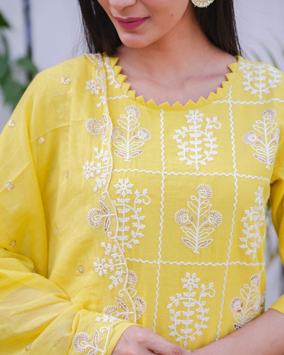 YELLOW COTTON FLEX SUIT SET WITH EMBROIDERY