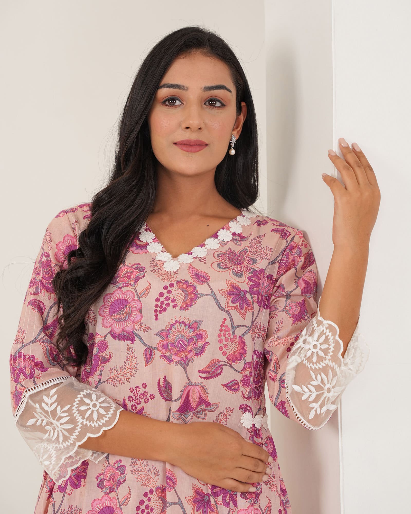 BLUE & PINK COTTON KURTA WITH LACE