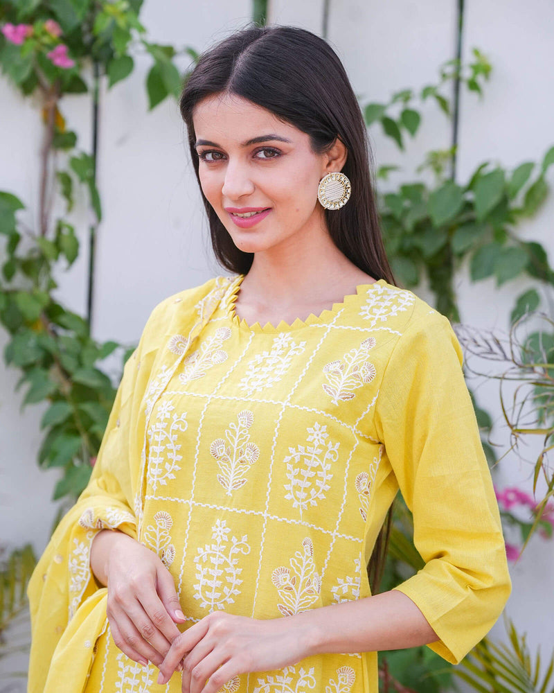 YELLOW COTTON FLEX SUIT SET WITH EMBROIDERY