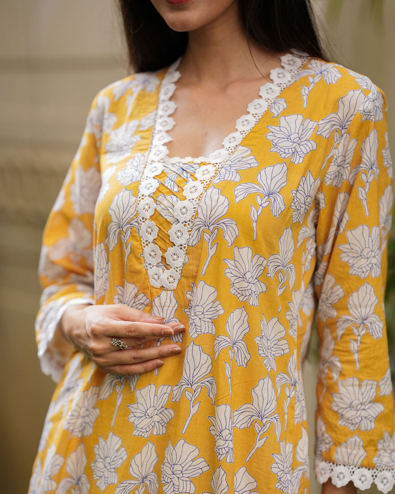 YELLOW SUMMERY COTTON KURTA WITH LACE