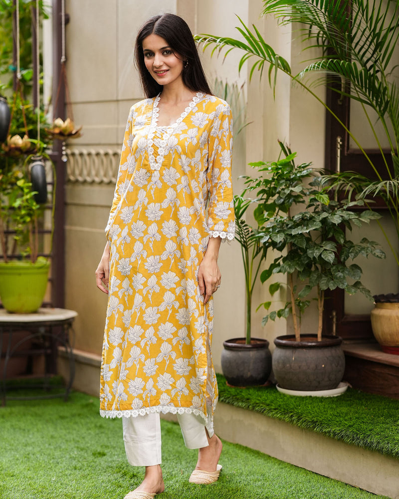 YELLOW SUMMERY COTTON KURTA WITH LACE