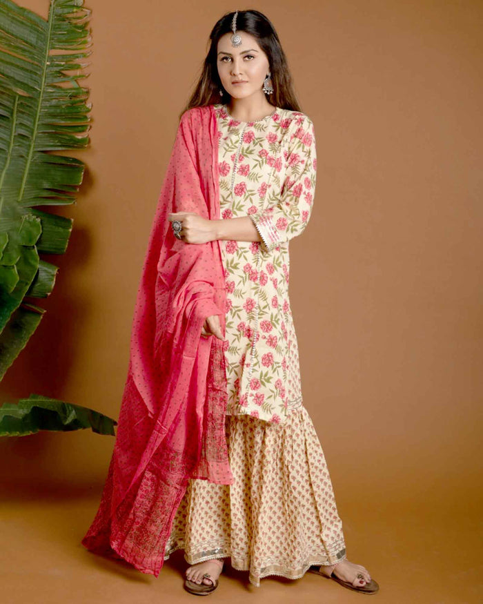 CREAM & PINK HANDBLOCK SHARARA SET