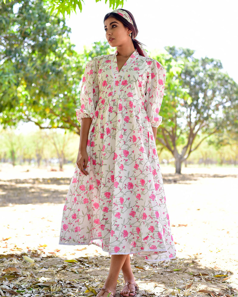 WHITE & PINK HANDBLOCK DRESS