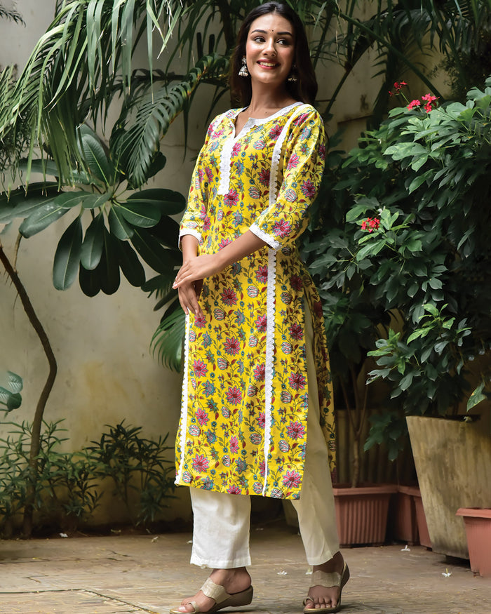 YELLOW FLORAL KURTA WITH LACE