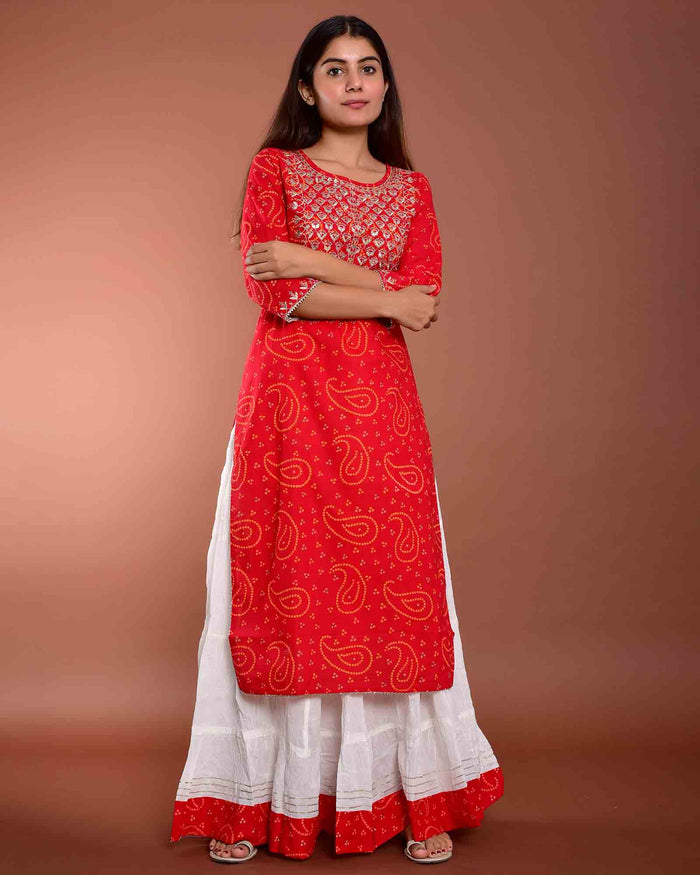 RED BANDHEJ WITH WHITE SKIRT