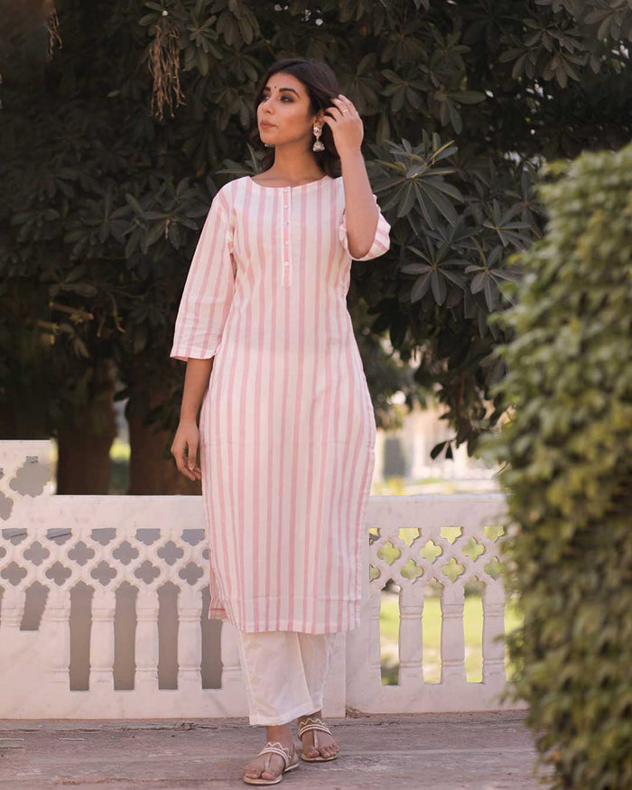 PINK & WHITE STRIPED KURTA