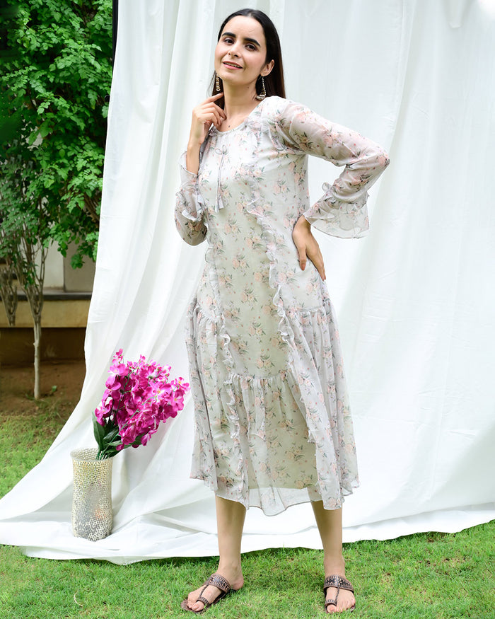 GREY & PEACH FLORAL DRESS