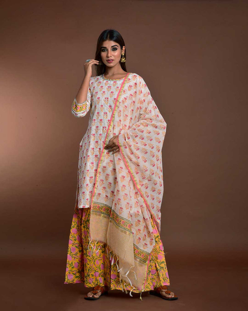 WHITE & YELLOW HANDBLOCK GHARARA SET