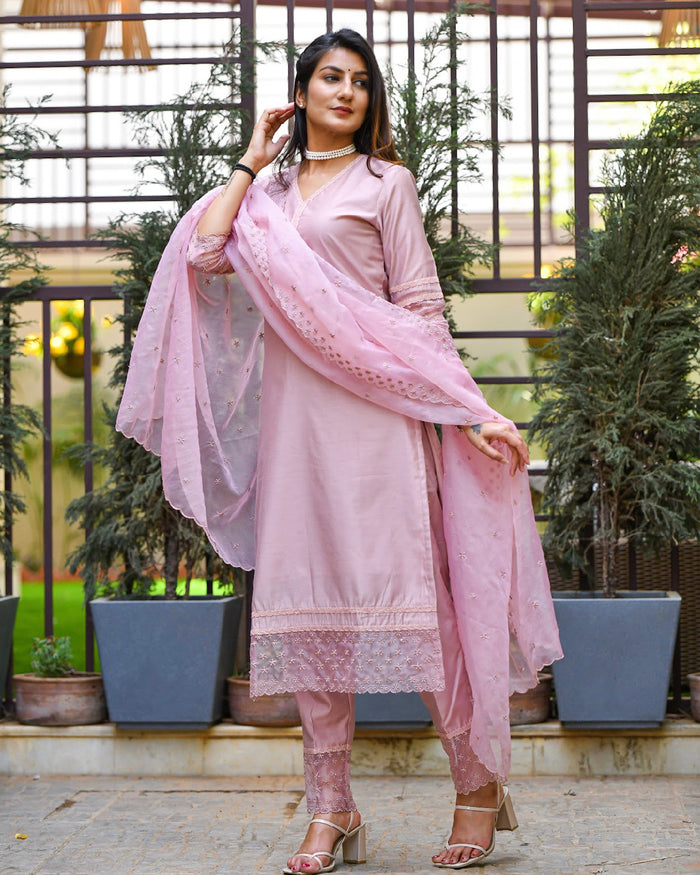 MAUVE CHANDERI SUIT SET WITH ORGANZA DUPATTA