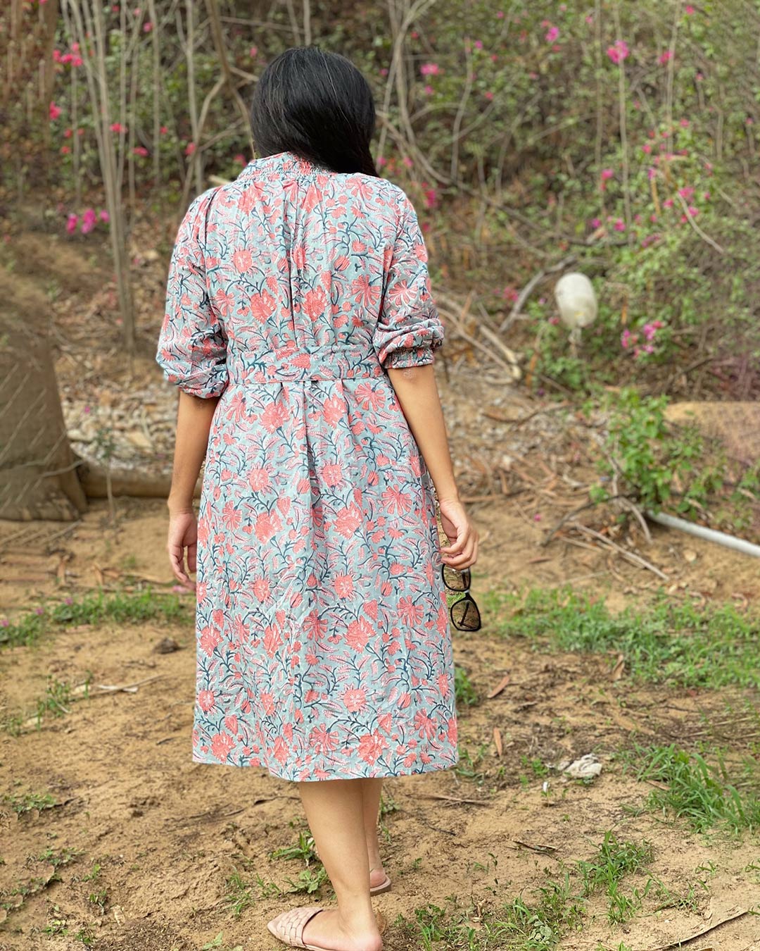 GREY GREEN COTTON HANDBLOCK DRESS