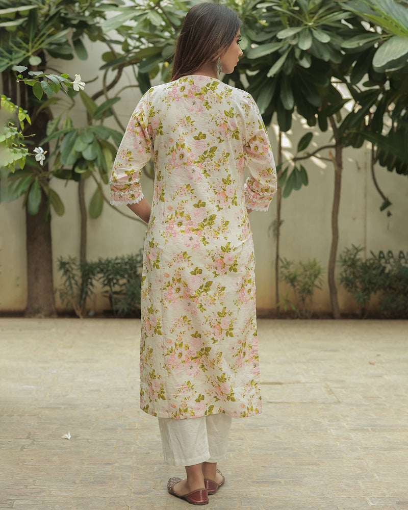 WHITE FLORAL COTTON KURTA WITH LACE