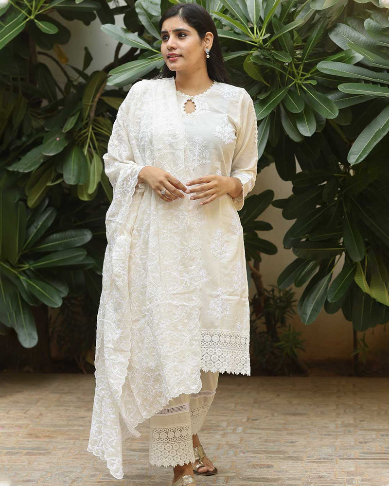 WHITE COTTON SUIT SET WITH EMBROIDERY