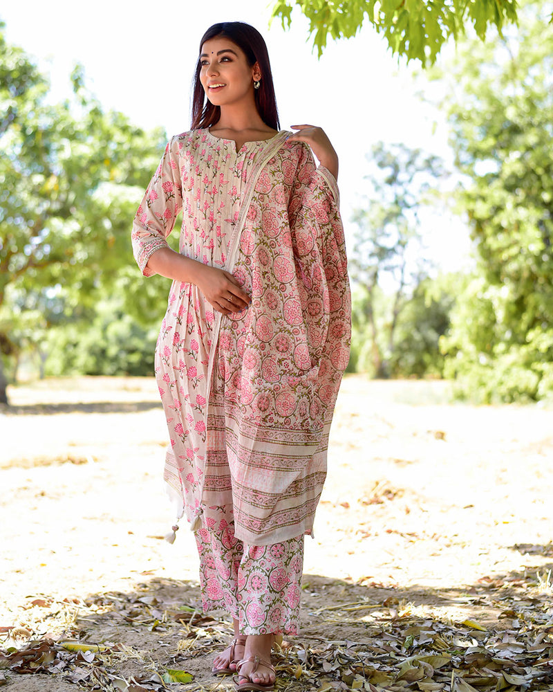 WHITE & PINK FLORAL HANDBLOCK SUIT SET