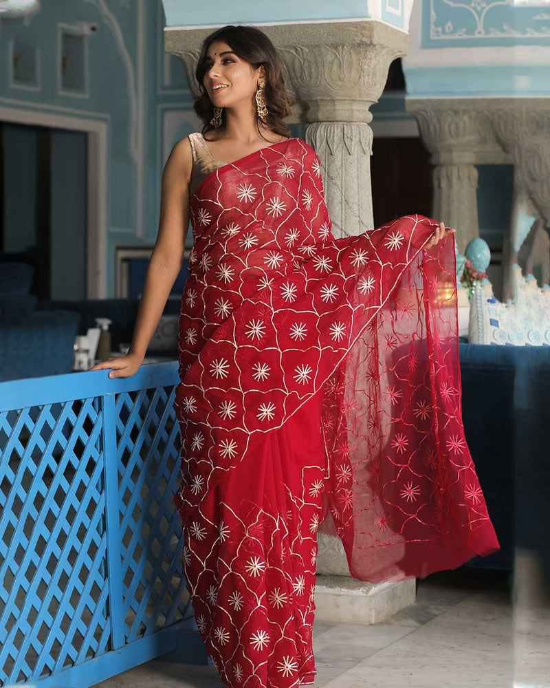 RED GOTTA PATTI JAAL WORK SAREE