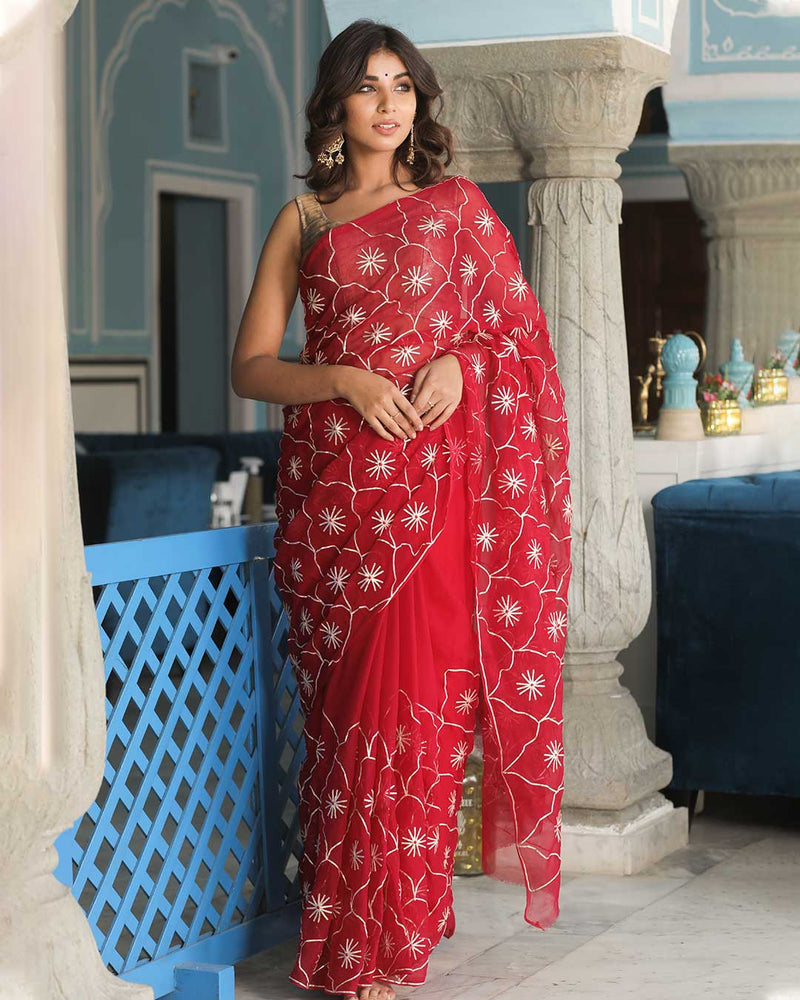 RED GOTTA PATTI JAAL WORK SAREE