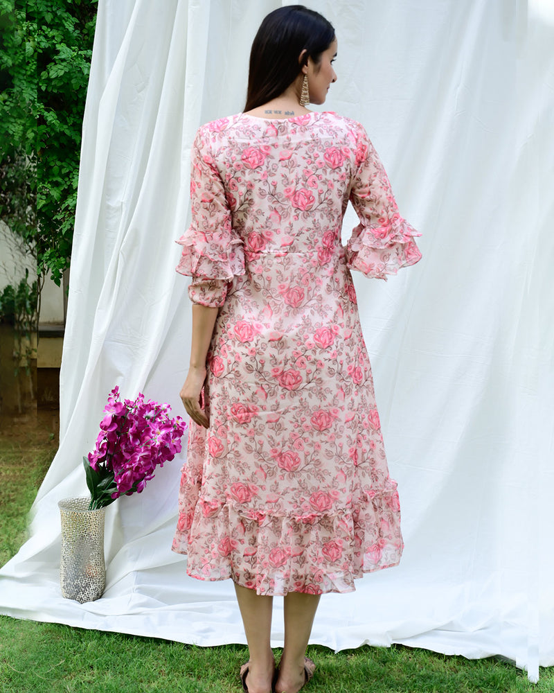 CHERRY PINK & CREAM FLORAL DRESS