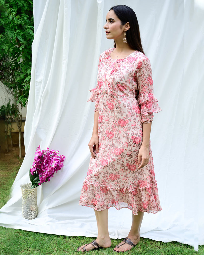 CHERRY PINK & CREAM FLORAL DRESS