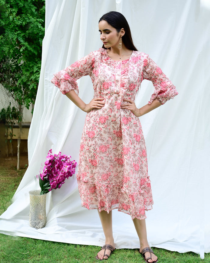 CHERRY PINK & CREAM FLORAL DRESS