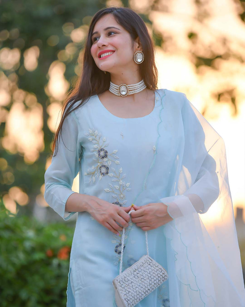 POWDER BLUE MUSLIN SUIT SET WITH HANDWORK