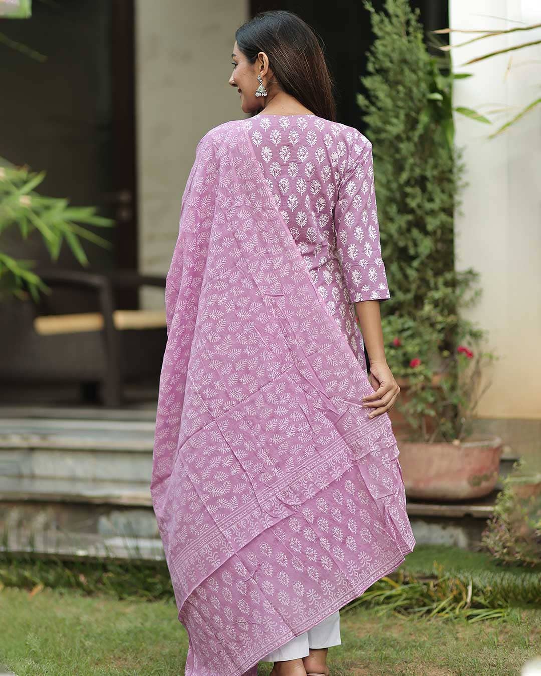 PURPLE & WHITE HANDBLOCK KURTA WITH DUPATTA