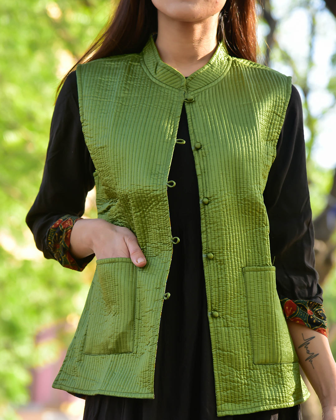 GREEN SILK COTTON QUILTED JACKET