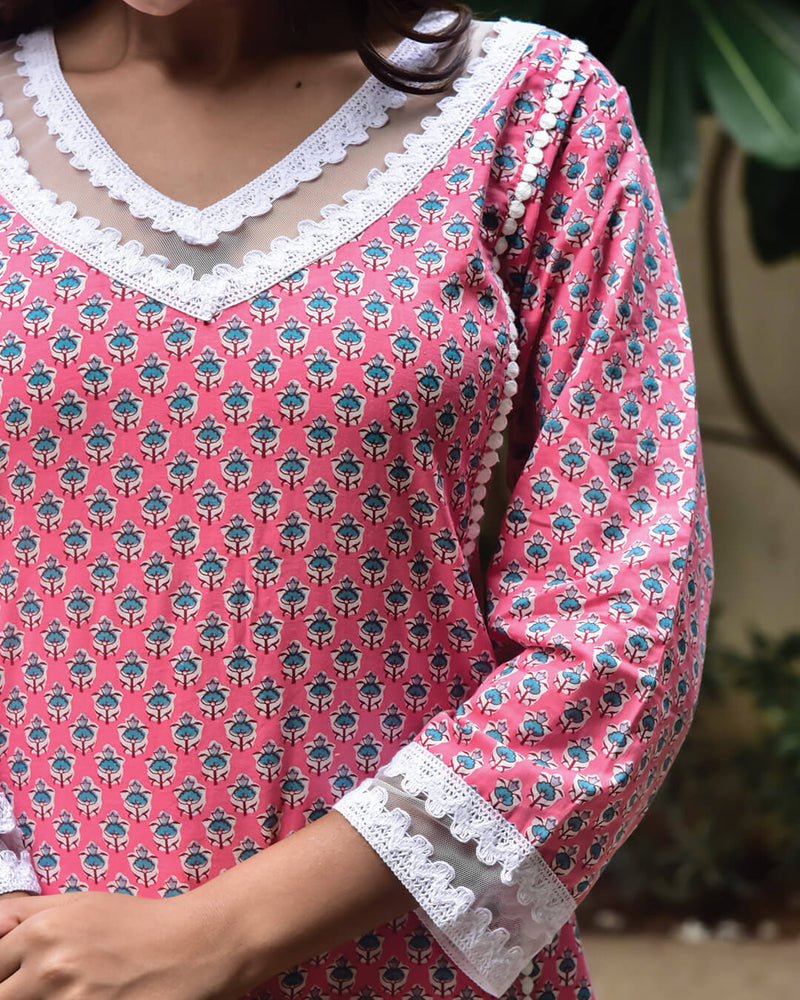 PINK COTTON KURTA WITH LACE