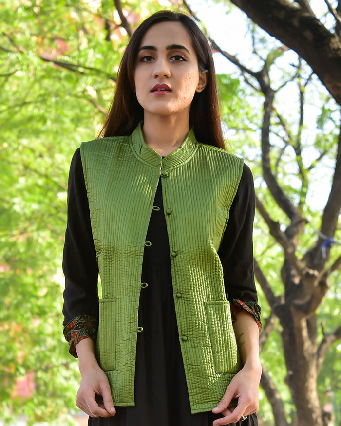 GREEN SILK & COTTON QUILTED JACKET