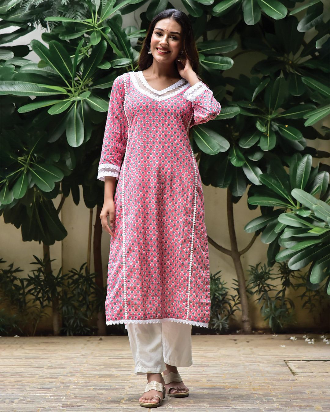 PINK COTTON KURTA WITH LACE