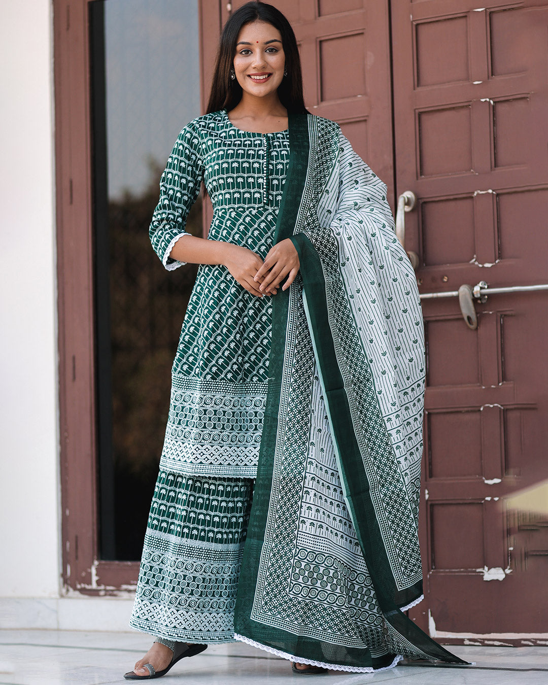 EMERALD GREEN & WHITE SHARARA SET