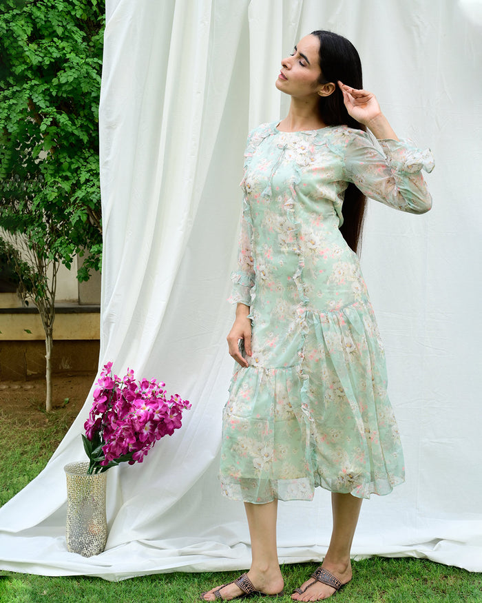 MINT GREEN FLORAL CHIFFON DRESS