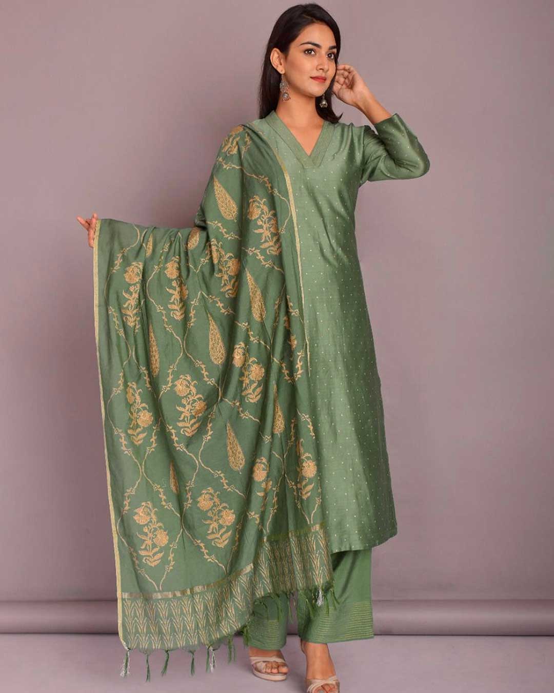 CHANDERI SILK GREEN SUIT SET