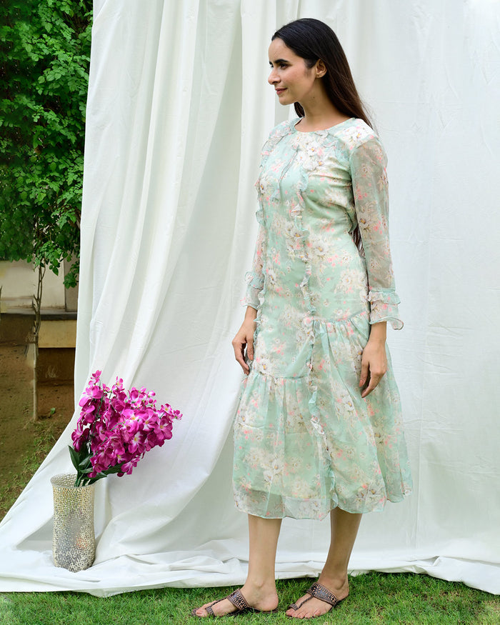 MINT GREEN FLORAL CHIFFON DRESS