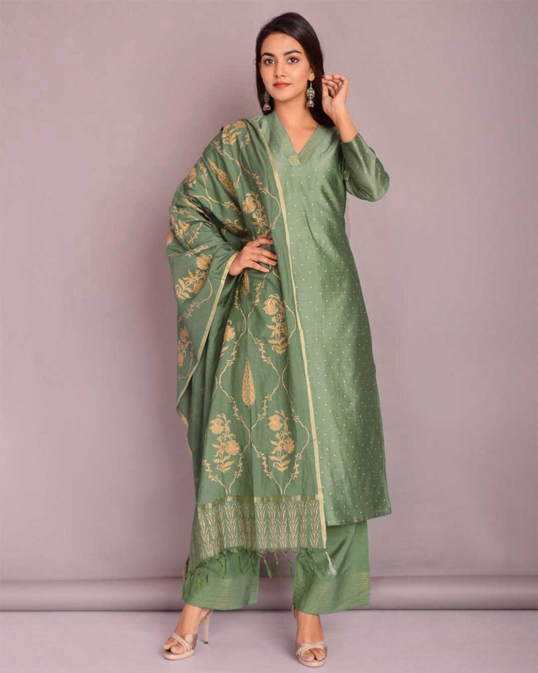 CHANDERI SILK GREEN SUIT SET