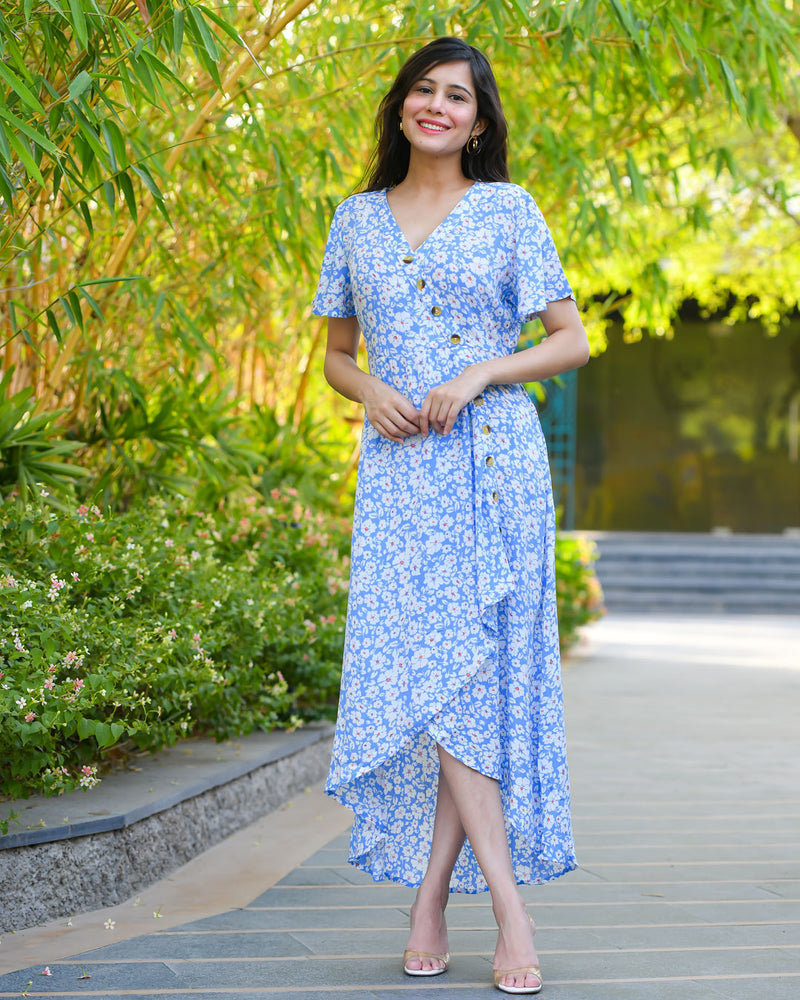 BLUE ASSYMETRIC RAYON DRESS