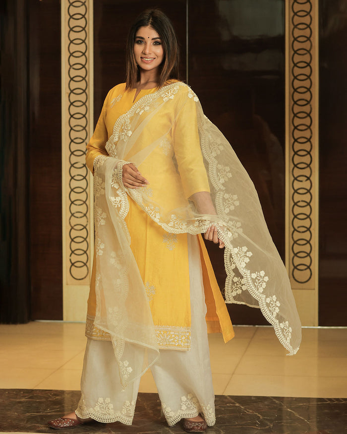 YELLOW & WHITE ORGANZA SUIT SET WITH EMBROIDERY