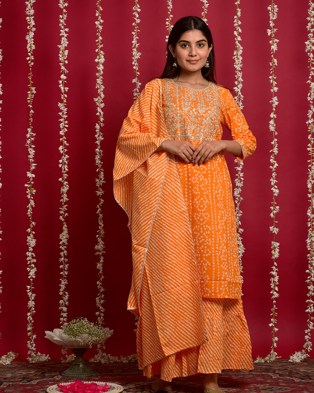 ORANGE BANDHEJ SUIT SET