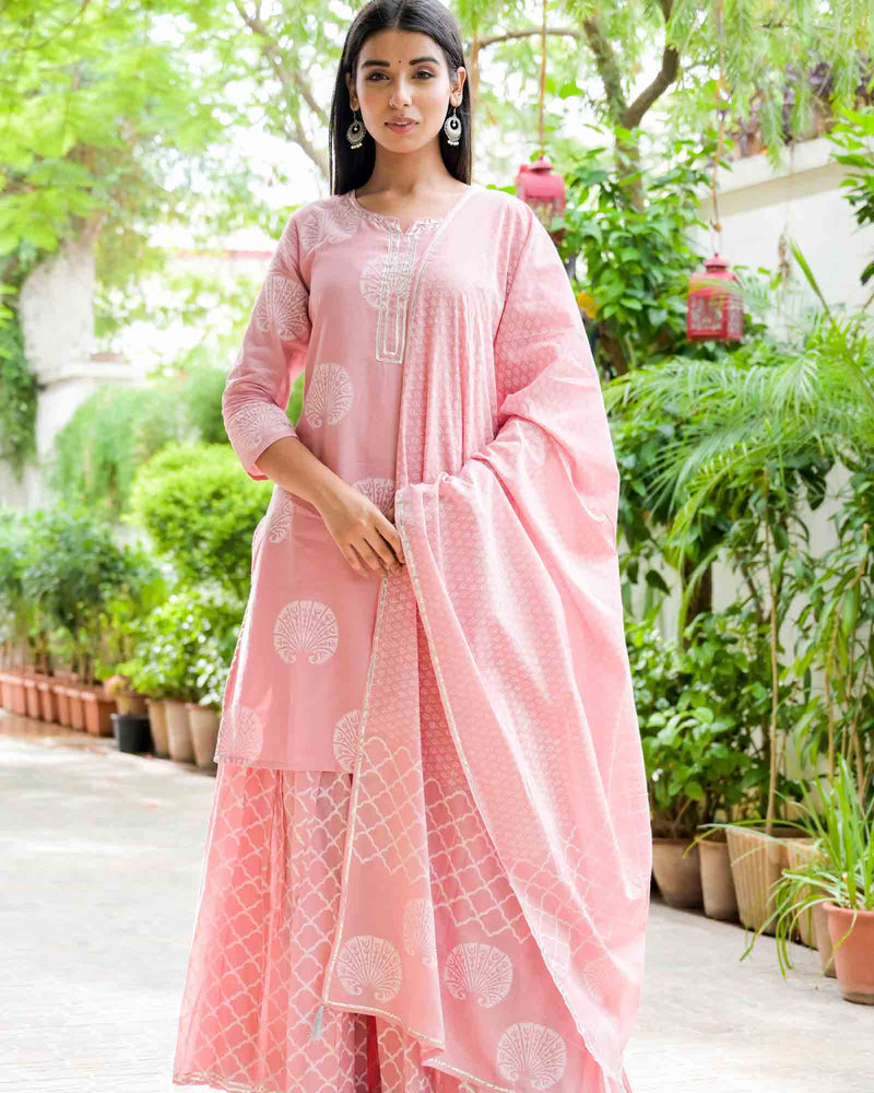 PINK HANDBLOCK SHARARA SET