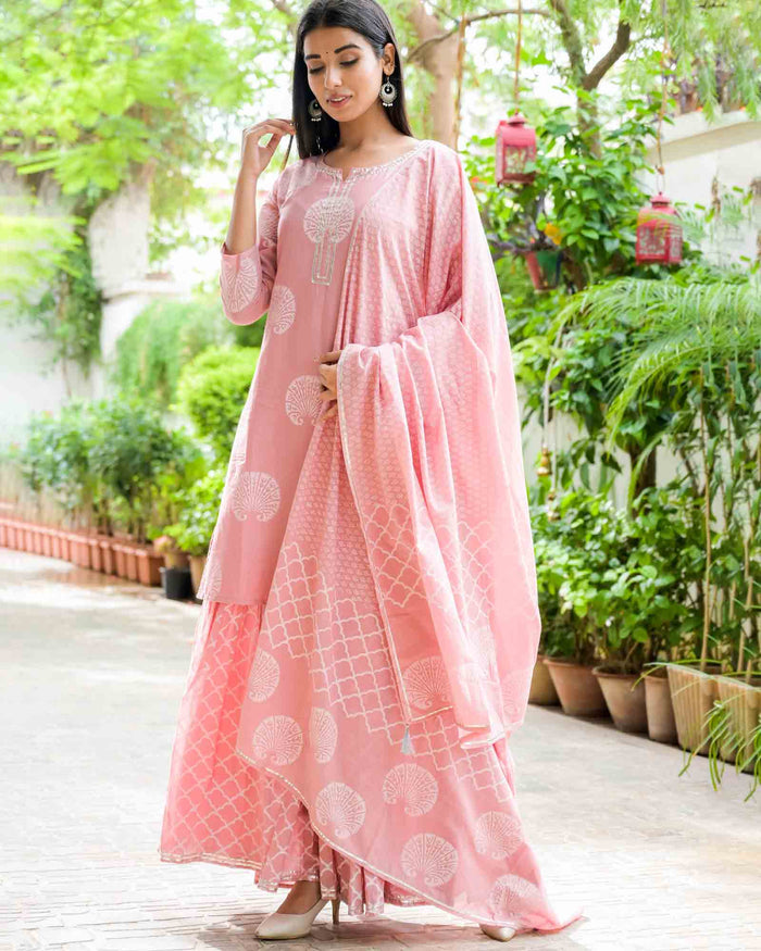 PINK HANDBLOCK SHARARA SET