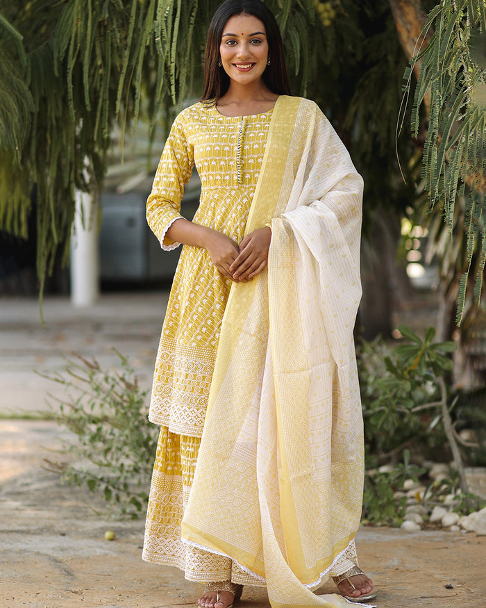 YELLOW COTTON SILK SUIT SET