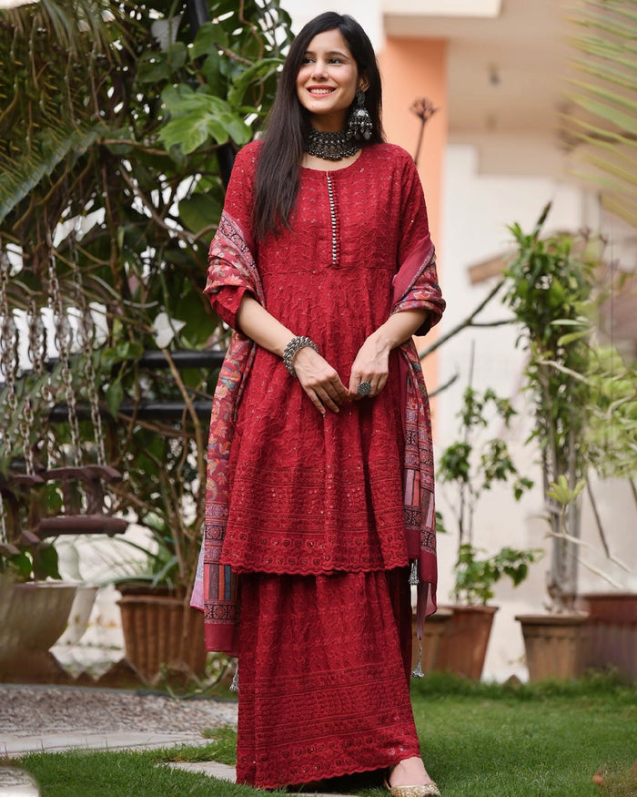 RED RAYON SHARARA WITH NAZNEEN DUPATTA